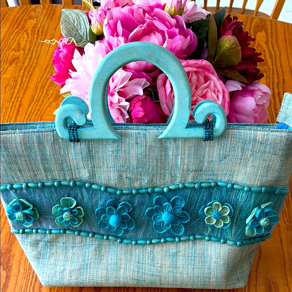 Turquoise Floral Accent Tote Bag - Women